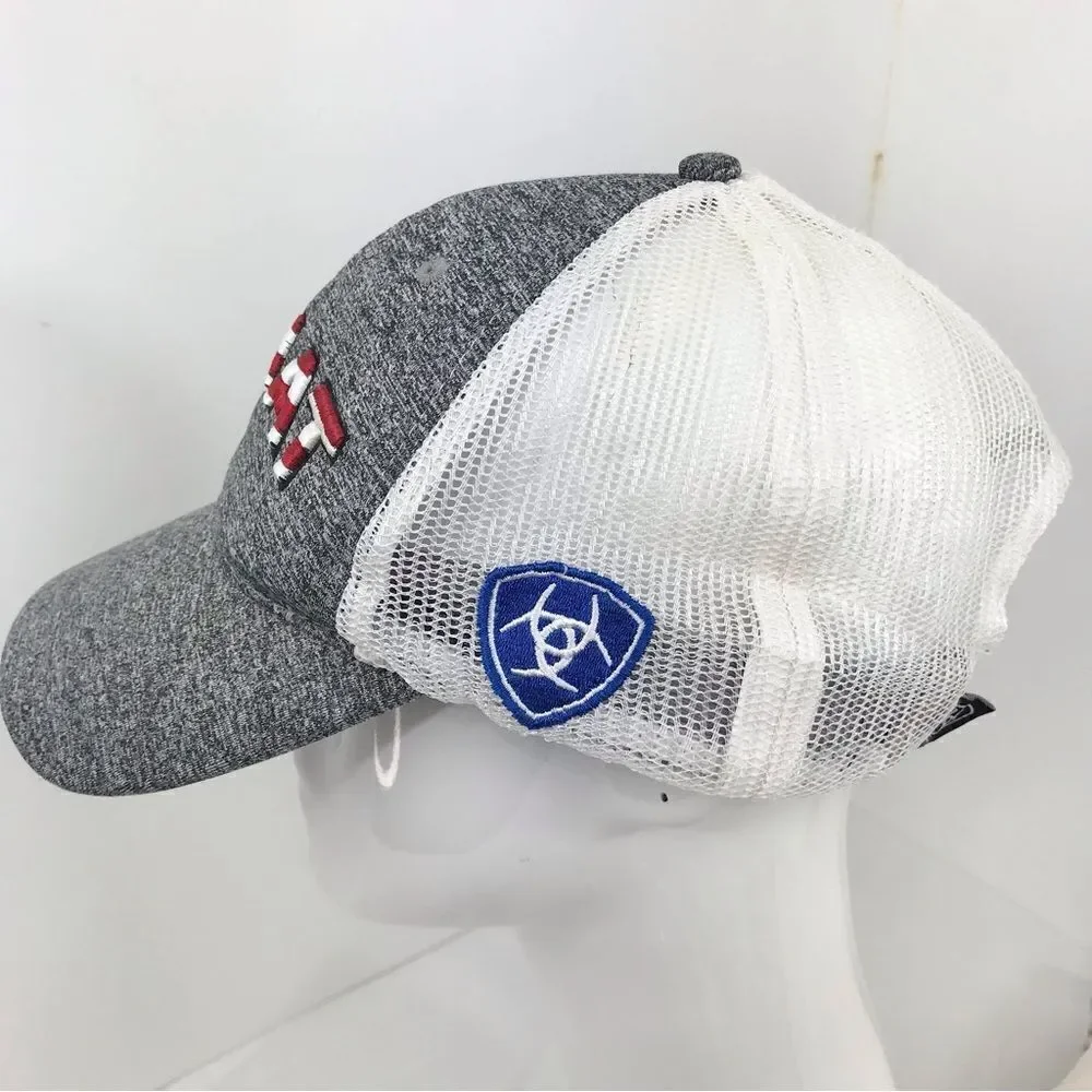 Ariat Gray White Patriotic Americana Flag Stars and Stripes Patch Trucker Cap